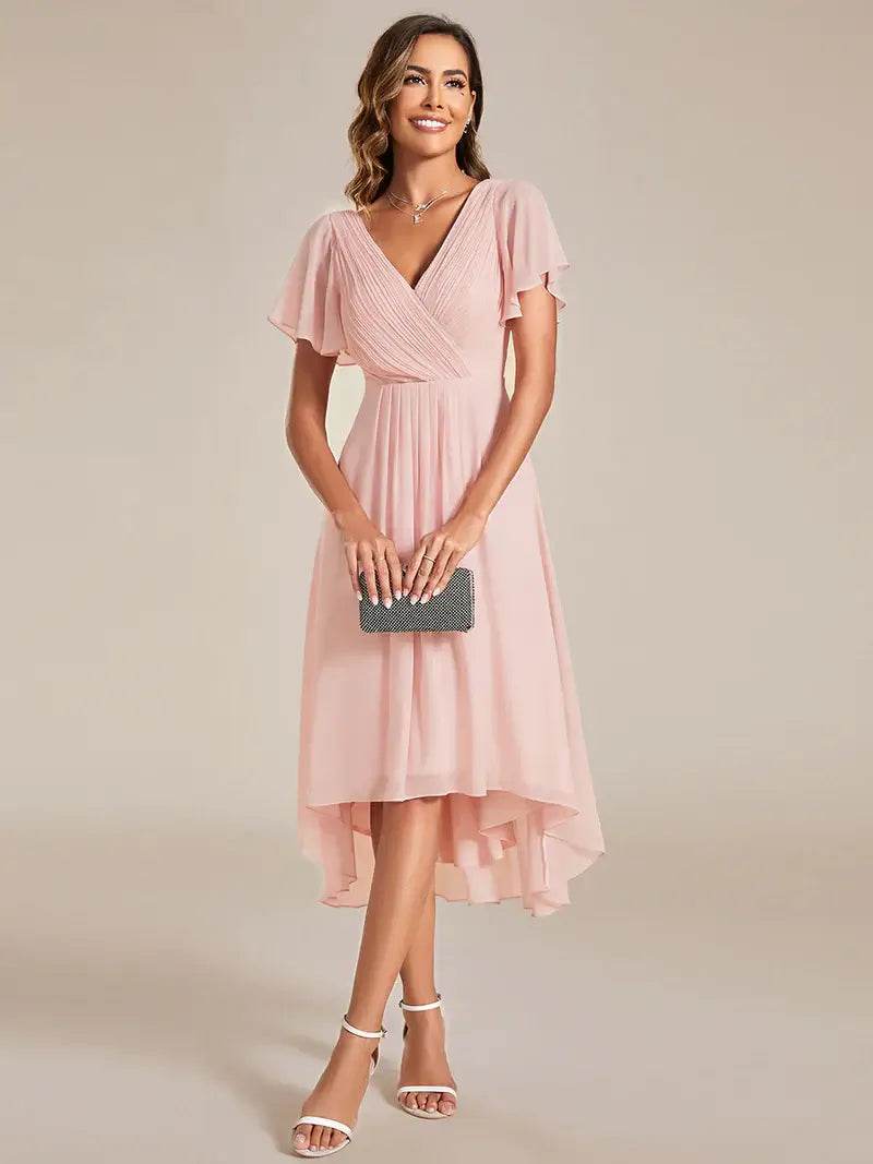 Elegant Pleated Chiffon Wedding Guest Dress with Ruffle Details - Biamonde